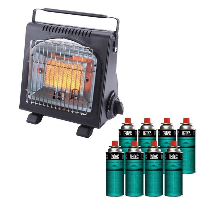 Chauffage à gaz portable 1700W Céramique + 8 Cartouches gaz Allumage Piezo Thermocouple ODS Camping Pêche INTEC