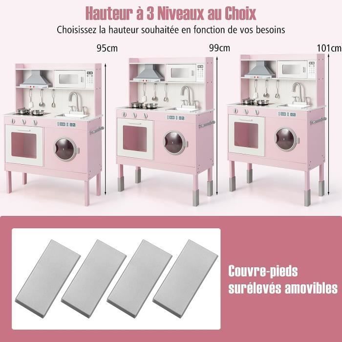 Cocina de juguete de madera COSTWAY para niños de 3 años en adelante - 5 accesorios, efectos de sonido y luz con teléfono, rosa