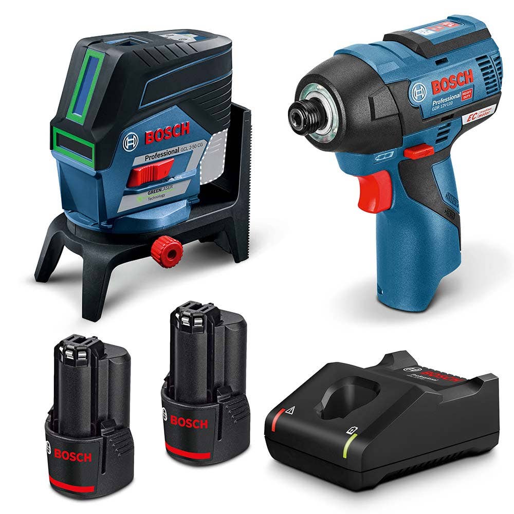 Conjunto com nível a laser BOSCH 12V, 2 x 2,0 Ah Pro Crossline e parafusadeira de impacto sem escova 06159940PN