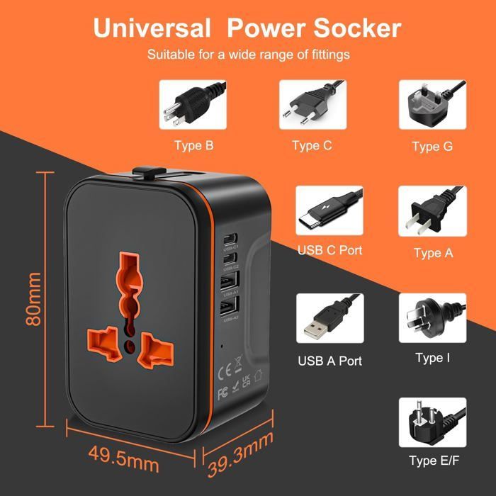 Adaptador de enchufe de viaje universal, adaptador de viaje universal con 2 puertos USB y 2 puertos USB-C.