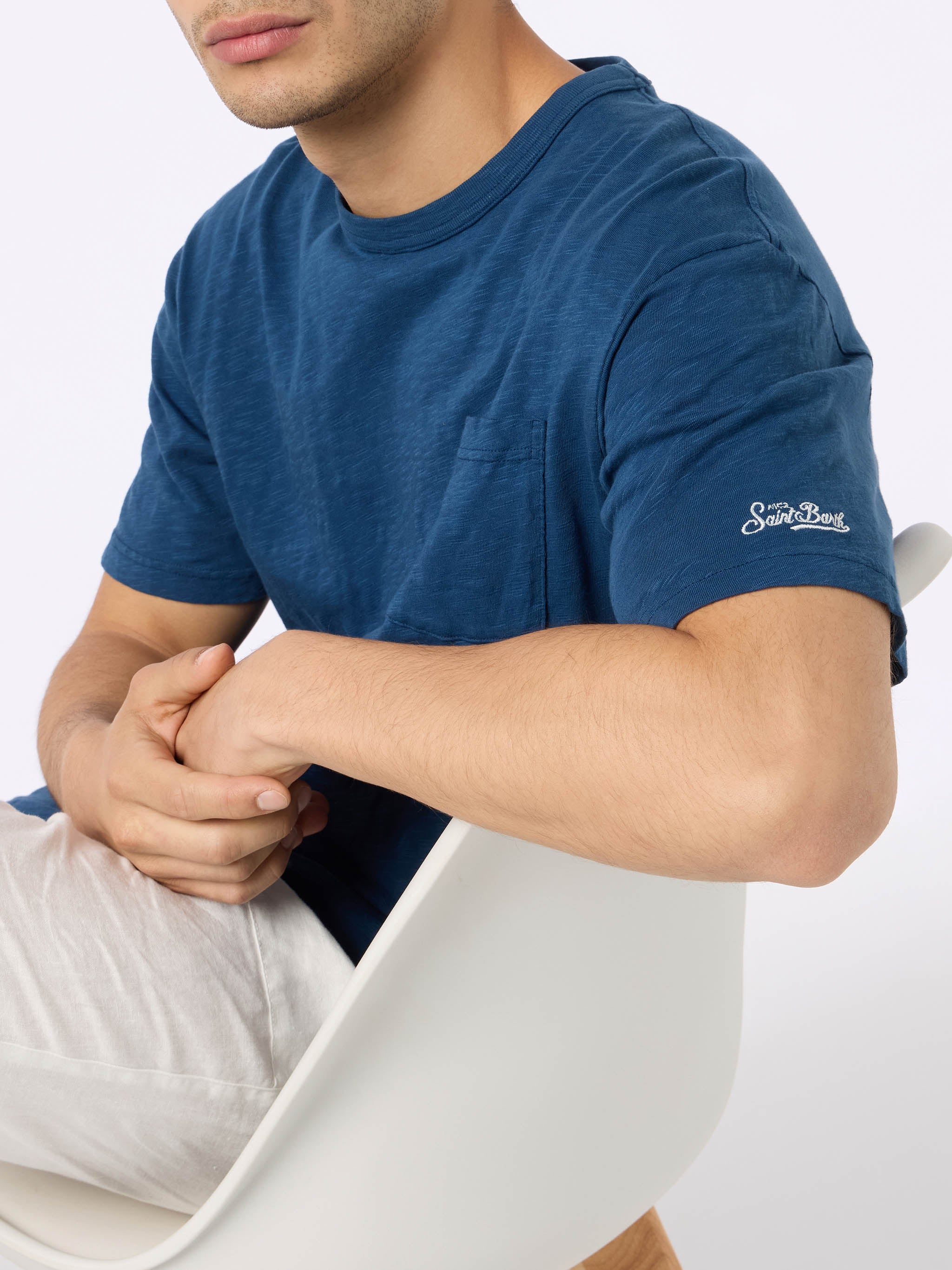 Camiseta President para hombre en algodón azul flameado con bordado