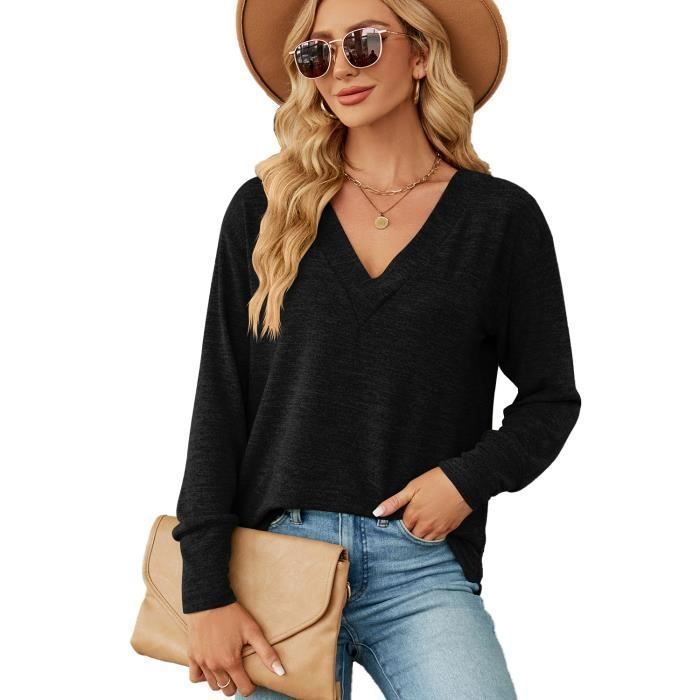 Pull Femme Col V Manches Longues Couleur Unie Pullover Lâche Confortable Pour Printemps Et Automne - Taille EU - Noir