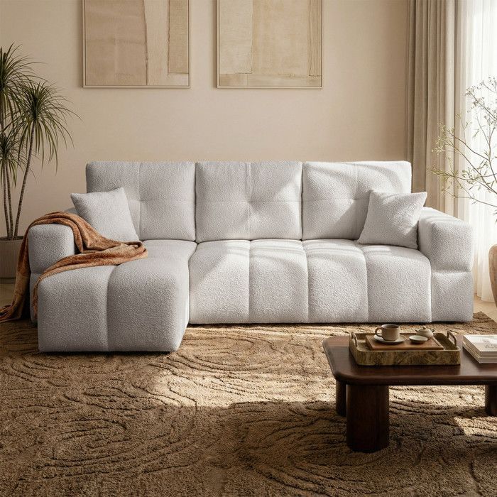 Canapé d'angle Réversible BUENO - 3 places - Canape Convertible avec Coffre - Tissu Agréable au Toucher - Gris clair