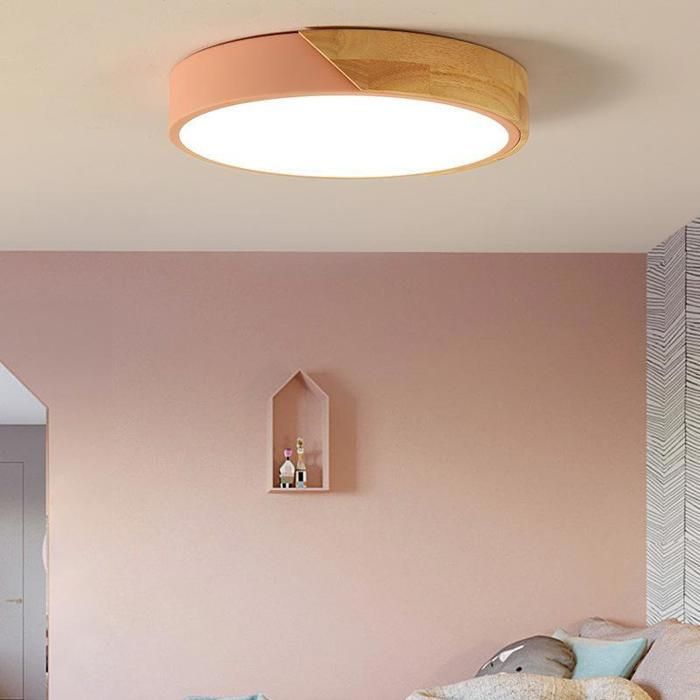 Lámpara de techo redonda de madera WOTTES - Lámpara de techo LED moderna para sala de estar, dormitorio, pasillo, cocina - 30*30 cm - Rosa - Blanco cálido