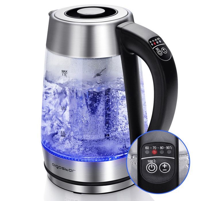 Chaleira Aigostar Cris com infusor de chá removível, 1,7L em vidro borossilicato, 2200W, cores LED