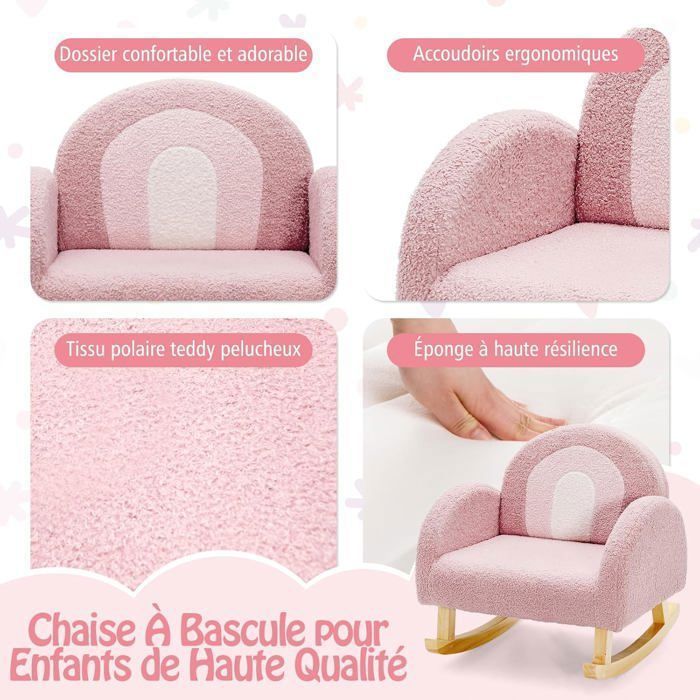 GOPLUS Fauteuil à Bascule pour Enfants avec Pieds en Bois&Coussinets Antidérapants,avec Accoudoirs en Velours,Rose