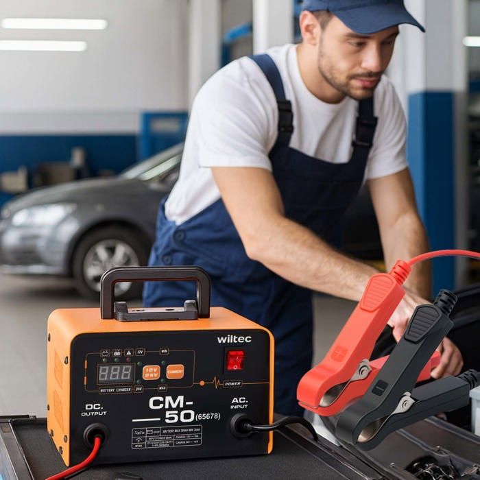 Avviatore di emergenza Wiltec 12-24V, 16Ah, 30-300Ah per auto e moto, 490W, con display LCD e maniglia per il trasporto.