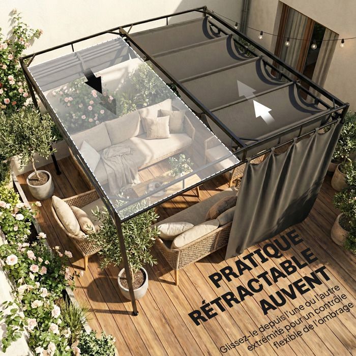 Pérgola de jardín - cenador de patio - Outsunny - techo retráctil, cortinas, sistema de poleas - metal - 3x3m - gris antracita