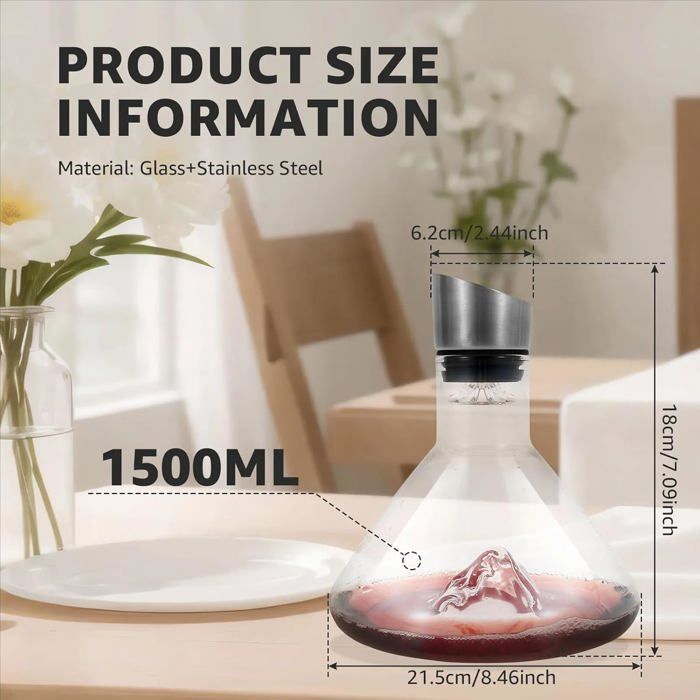 Decantador de vino tinto de cristal con cascada - Decantador de 1,5 L con aireador y filtro incorporados - Regalo ideal