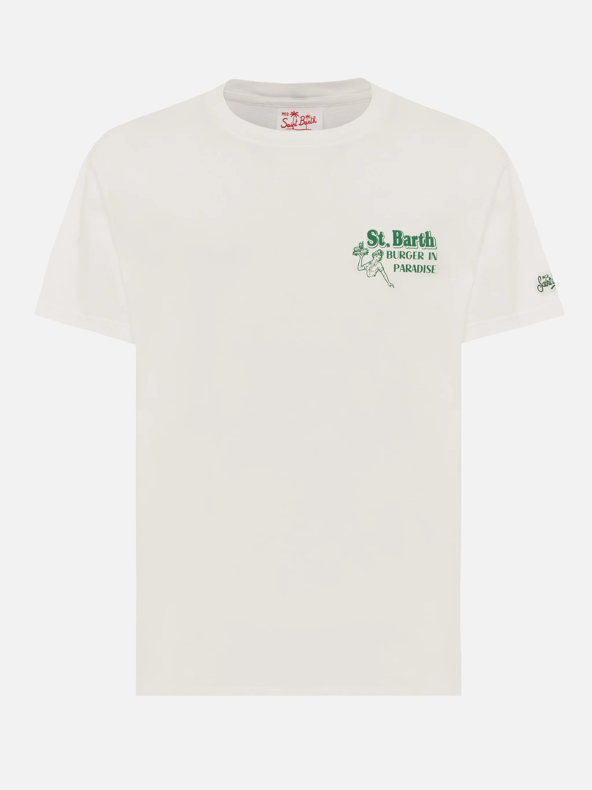 T-shirt Man in cotone offwhite con stampa St. Barth Burger Paradise