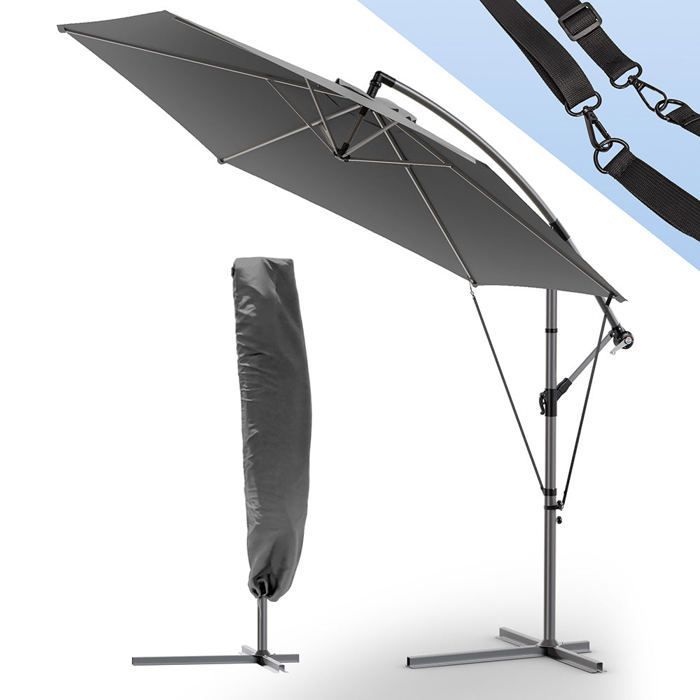 VOUNOT® Parasol déporté inclinable avec sangle de fixation 3M Gris - Rotatif 360° - Inclinaison réglable - Housse de protection
