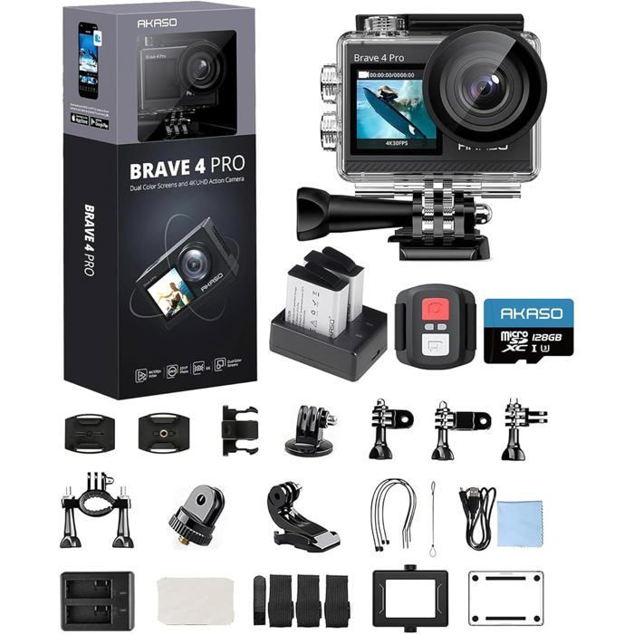 AKASO Brave 4 Pro 4K -action-kamera 40MP:n muistikortilla, 128GB:n U3-kortilla, WiFi, 20MP:n kamera, 170° laajakulma, kaksoisnäyttö, EIS, 5X zoom, musta