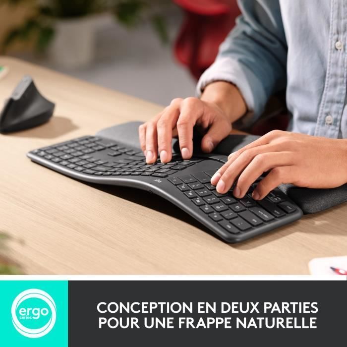 Teclado inalámbrico Logitech ERGO K860 AZERTY ergonómico con reposamuñecas, color negro.