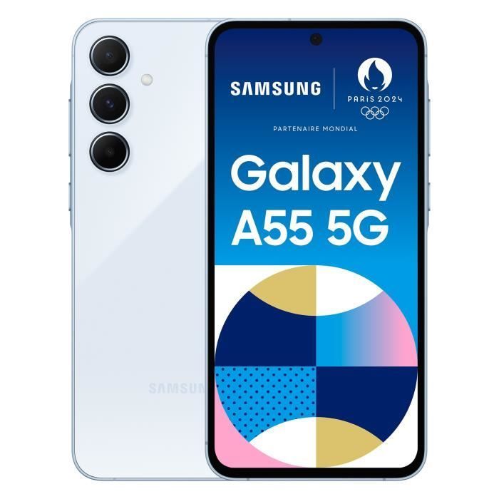 Smartphone Samsung Galaxy A55 5G de 256 GB, color azul cielo.