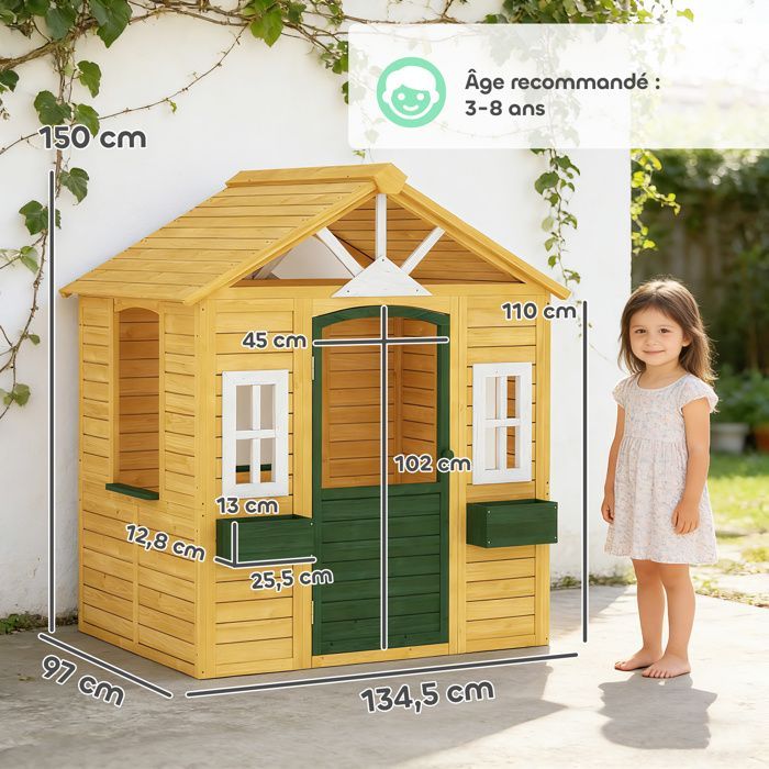 Houten buitenspeelhuisje voor kinderen, met deur, ramen en 2 bloembakken, 134,5 x 97 x 150 cm, bruin
