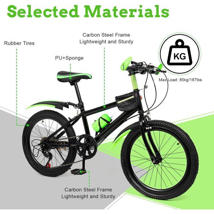 VTT 20 pouces pour garçon, VTT réglable avec garde-boue, porte-gobelet à eau, capacité de charge 85 kg,  pour garçons et filles