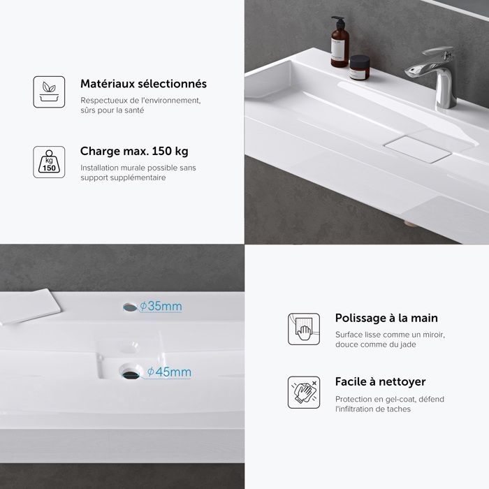 Lavabo mural Doporro con desagüe, lavabo de encimera blanco, 70x46x11cm, lavabo rectangular con orificio para taladrar, Colossum19