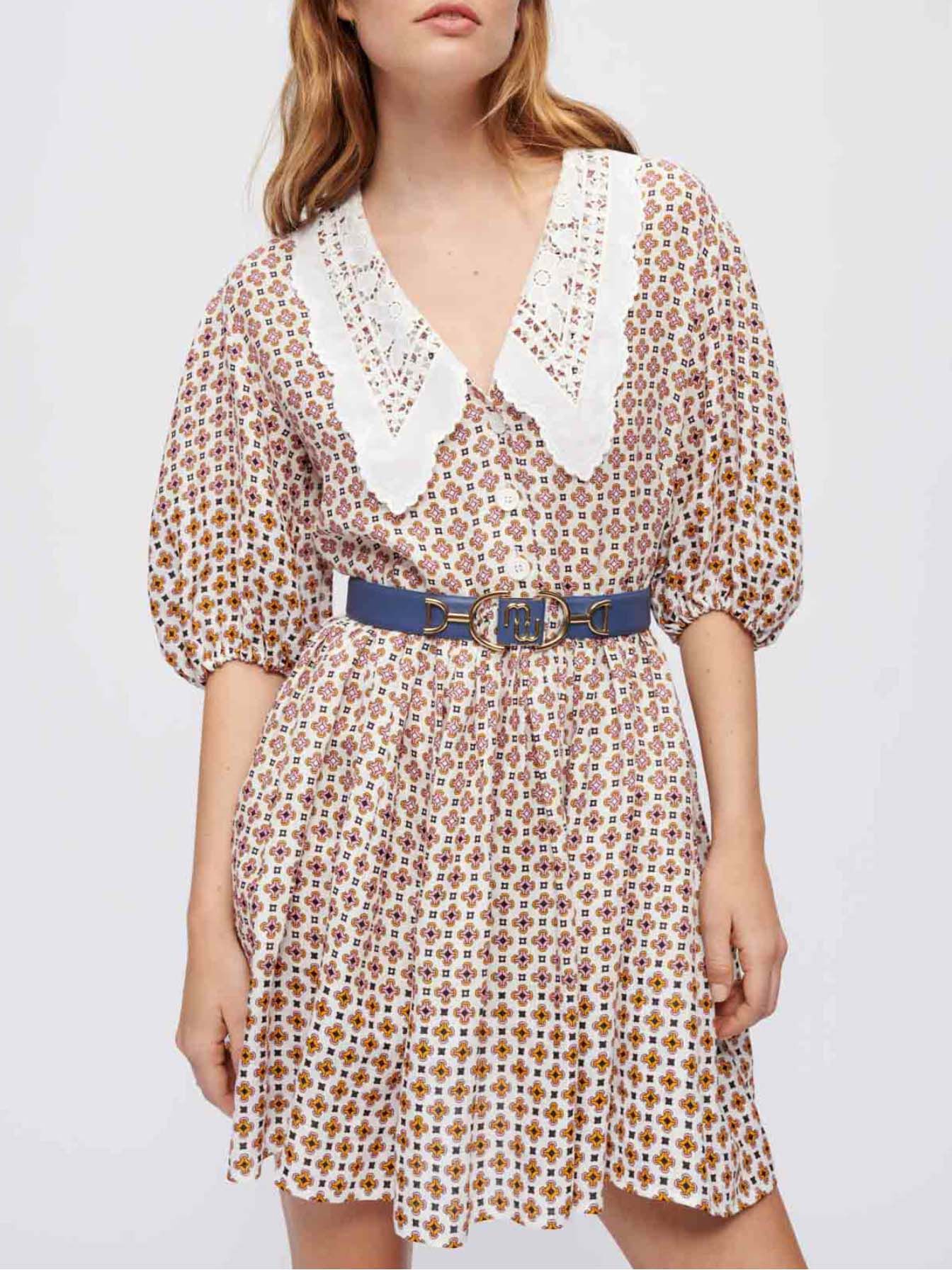 Rochie din in imprimat, guler brodat - Tiles fond écru