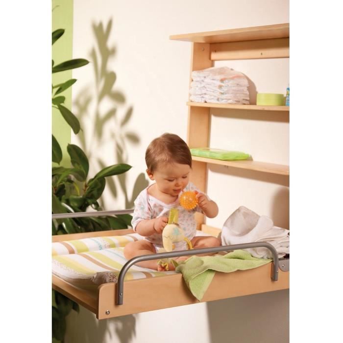 Cambiador plegable de pared ROBA DSCHUNGELBABY - Colchón a rayas multicolor incluido - 2 estantes integrados - Madera natural