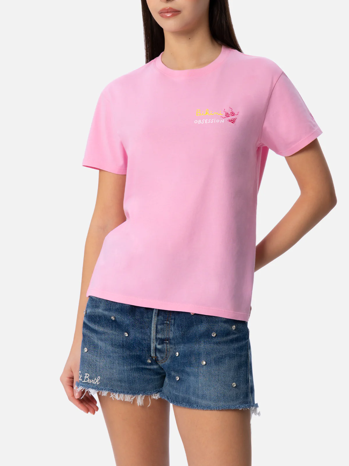 Emilie dames T-shirt met ronde hals van katoenen jersey met bikini-borduurwerk.