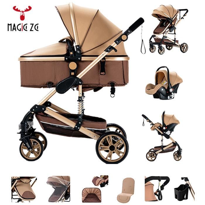 Magic ZC Baby Stroller, 3-in-1 kinderwagen met grote reiswieg, Trio kinderwagen, inklapbaar met één klik, frame van aluminiumlegering, kaki