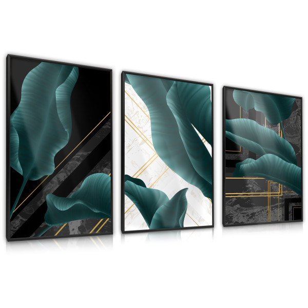 Zestaw 3x Plakat w Ramie LIŚCIE W Stylu Glamour 30x40cm