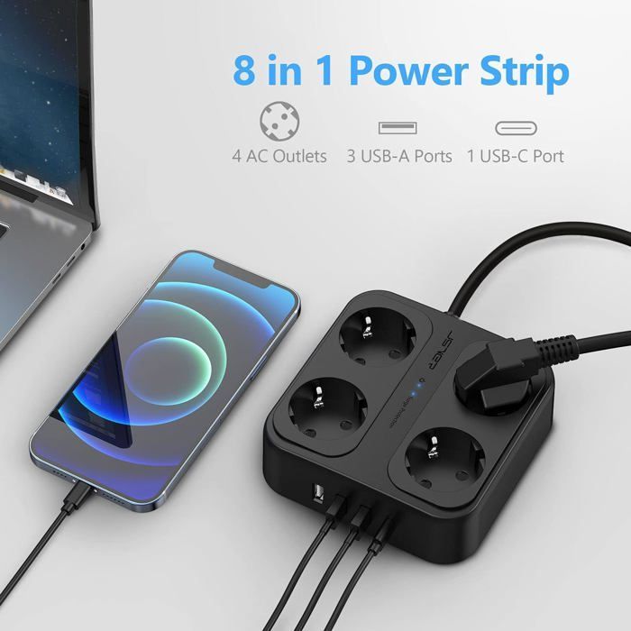 Regleta protectora contra sobretensiones USB de 4 tomas con 3 puertos USB-A + 1 puerto USB-C y cargador (5V 3.4A)