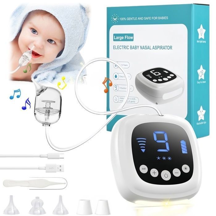 Aspirador nasal para bebés - 9 niveles de succión y música suave - Incluye 5 puntas de silicona - Recargable - Blanco