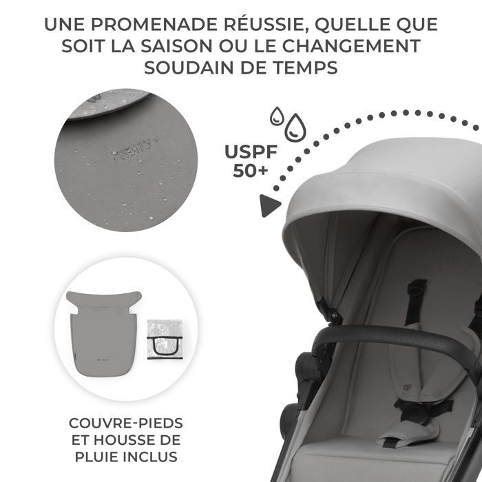 Poussette 3 en 1 Combinée Kinderkraft NEWLY, avec Siège auto I-size, Système de voyage, Légère 7,5 kg, Plie, Gris