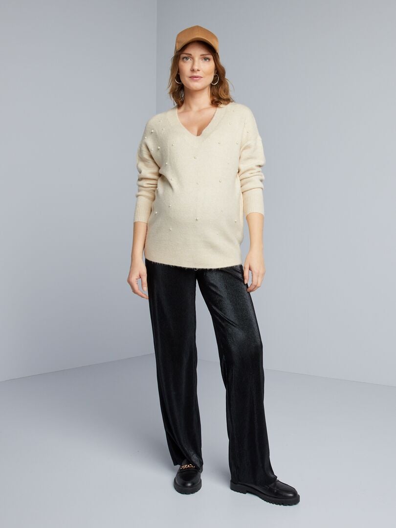 Zwangerschapstrui van tricot met parels - BEIGE
