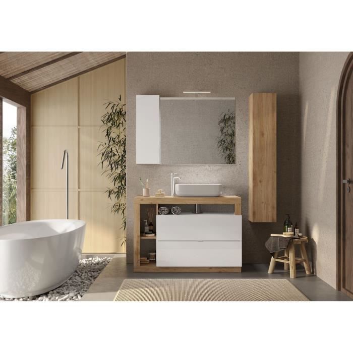 Ensemble meuble Salle de bain 110cm simple vasque + colonne - Coloris chêne clair et laqué blanc - HAMBOURG