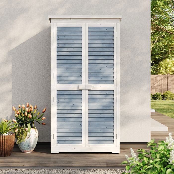 Caseta de jardín Bealife - 3 estantes - 2 puertas - Techo inclinado de betún impermeable - Almacenamiento exterior - Madera gris