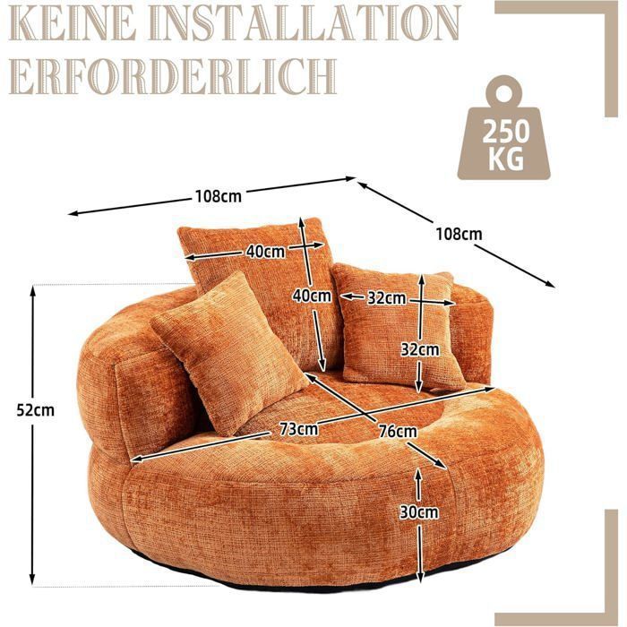 LEMONBEST Pouf-fauteuil poire chenille 2 places avec 3 coussins - 108×108×52 cm Orange