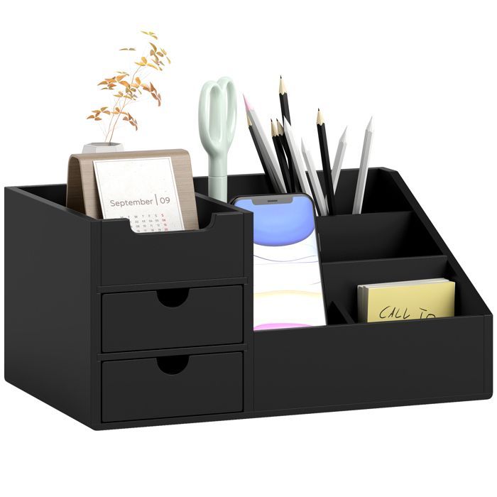 Organizador de escritorio - HOMCOM - Caja de almacenamiento de 7 compartimentos con 2 cajones - Bambú - Negro