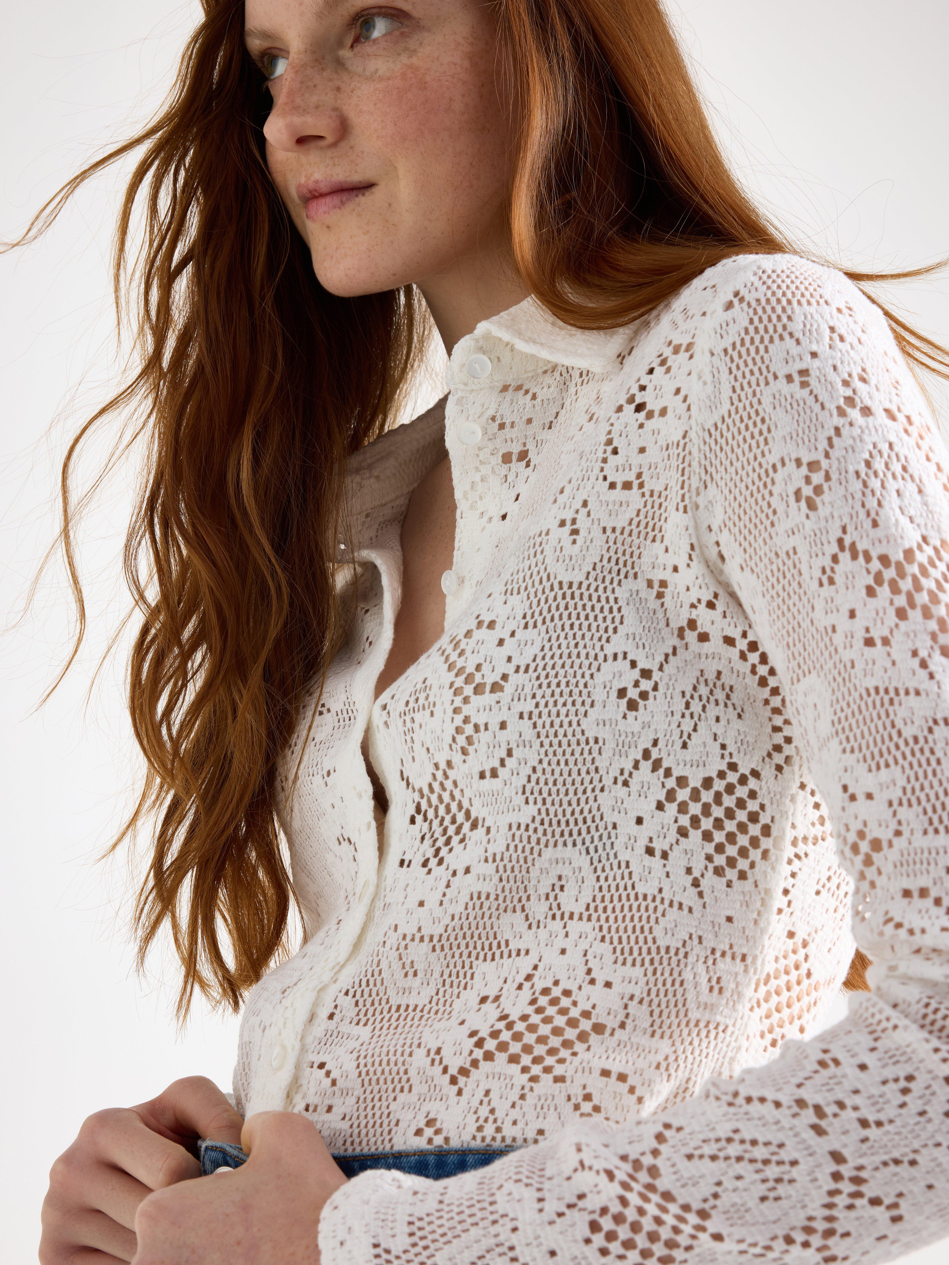 Camisa de malha com detalhes em renda Off White