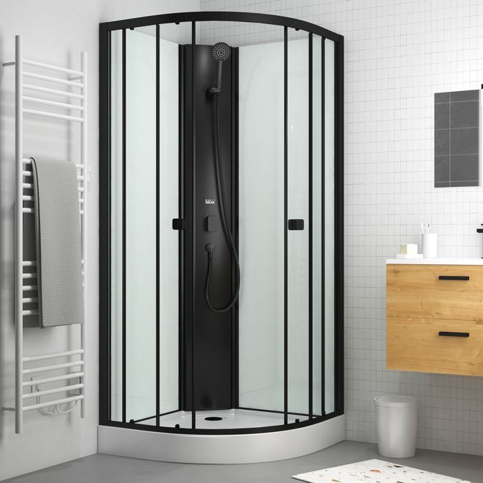 Mampara de ducha semicircular de 85x85x200 cm - Puertas correderas - Panel trasero blanco y perfiles en negro mate