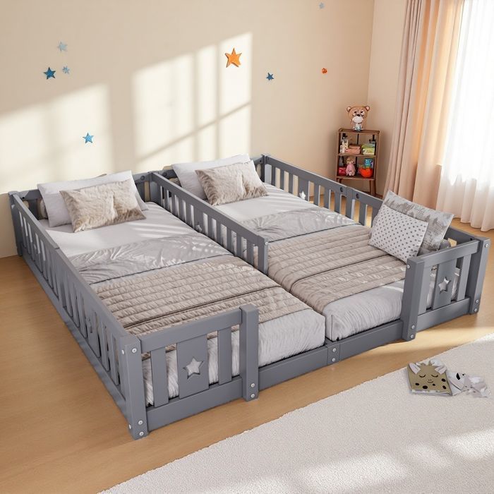 Lit enfant,Lit de Sol 90 x 200 cm,Montessori en Bois de pin Massif,Peut accueillir 2 enfants,Protection Anti-Chute snas Matelas,gris