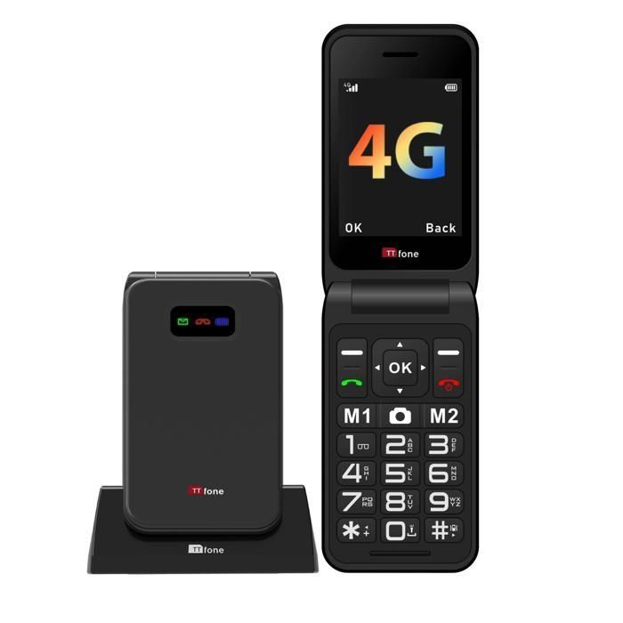 Telefono cellulare TTfone TT760 con tasti grandi e tecnologia 4G, ideale per anziani, con pulsante di assistenza di emergenza (nero, con stazione di ricarica)