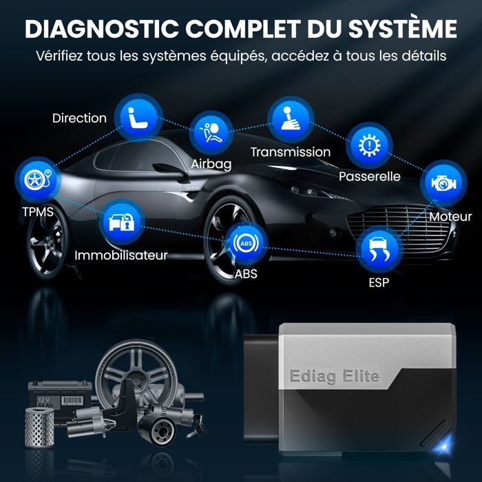 KINGBOLEN Ediag Elite Ferramenta de Diagnóstico OBD2 (Francês), Scanner de Diagnóstico Automotivo com Teste Ativo, Atualizações Gratuitas Vitalícias