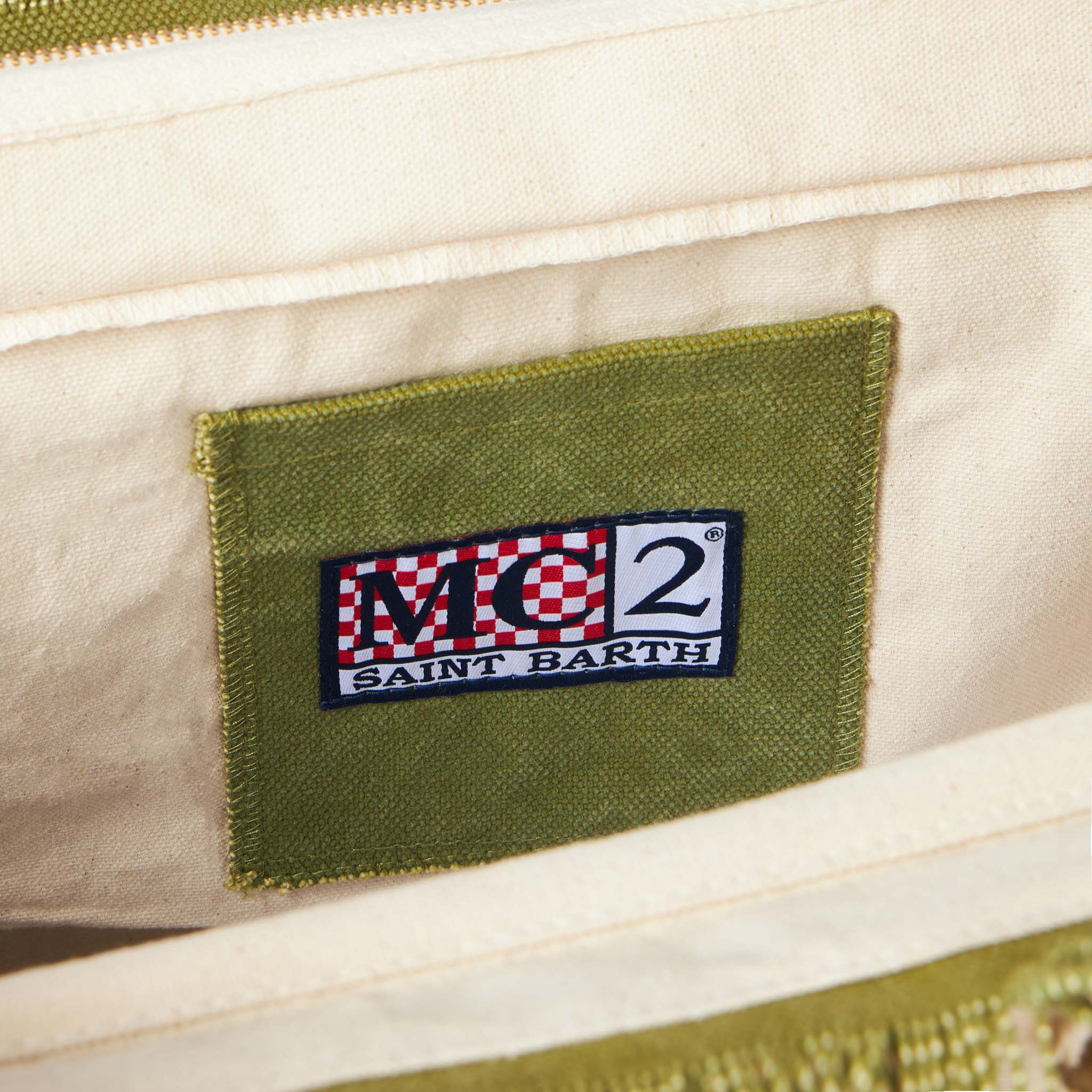 Vanity katoenen canvas schoudertas in militair groen met gebroken witte handvatten, binnenvak met ritssluiting | MC2 Saint Barth
