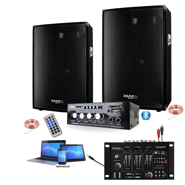 PACK SONO DJ 600W + AMPLI USB BLUETOOTH + 2 ENCEINTES 300W + TABLE DE MIXAGE USB + DIVERS CÂBLES PA DJ SONO MIX SOIREE MASION BAR