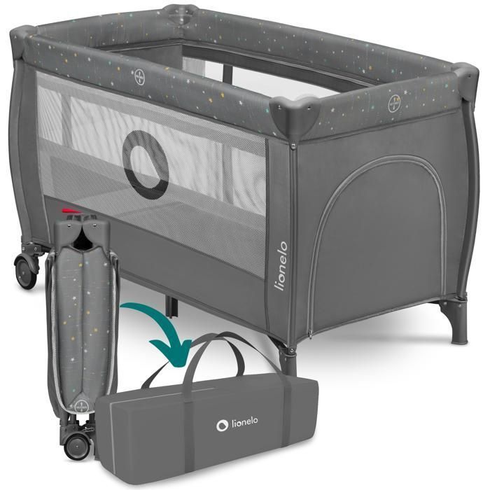 Cuna de viaje compacta 2 en 1 LIONELO Stefi Plus - Parque infantil - Colchón de espuma T25 - 0-36 meses - Plegado rápido - 2 ruedas - Gris