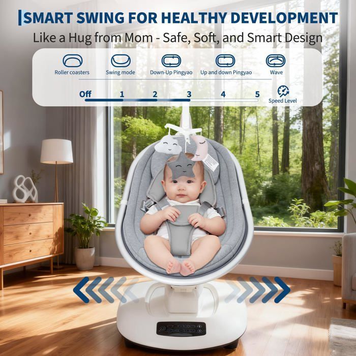 Columpio/hamaca eléctrico para bebé LUNSY con mando a distancia, tecnología de balanceo 5D, música, de 0 a 6 meses, gris claro.
