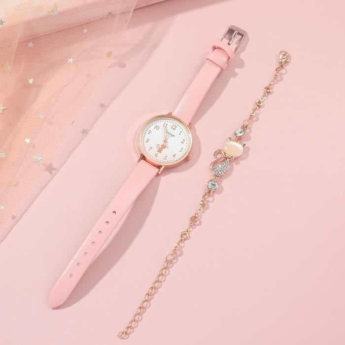 Set orologio e bracciale da bambina - grazioso bracciale alla moda con gatto e cinturino in pelle con strass - Regalo di Natale