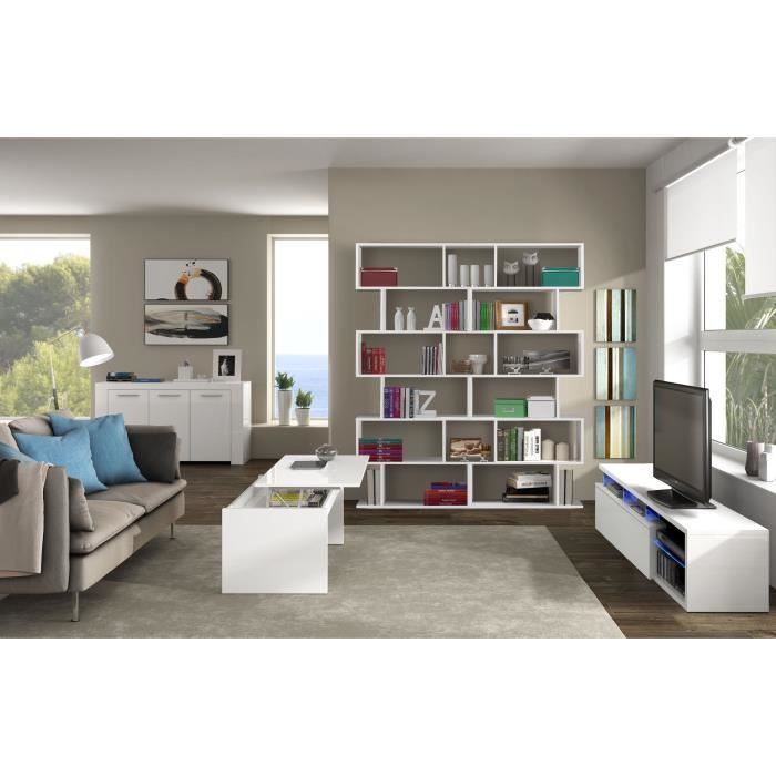 Mueble para TV reversible BLUE-TECH - Melamina lacada en blanco - 1 puerta abatible - Iluminación LED - Blanco brillante - 150 x 41 x 43 cm (ancho x profundidad x alto)