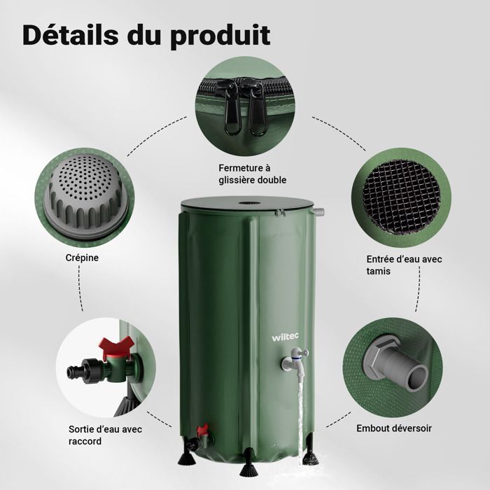 Tanque plegable de recolección de agua de lluvia Wiltec de 100 litros, tanque flexible de PVC con cremallera, grifo y tapa, depósito IR.