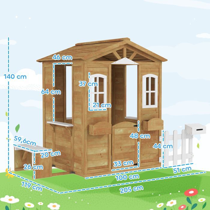Cabane de jeu pour enfant maison de jardin en bois porte et fenêtres, banc, boite aux lettres, clôture, de 3 à 6 ans