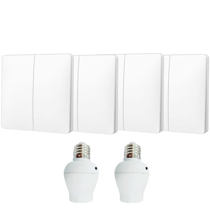 Kit de interruptor bidirecional sem fio, pronto para instalar e sem bateria - 4 botões de pressão duplos + 2 soquetes receptores de rosca