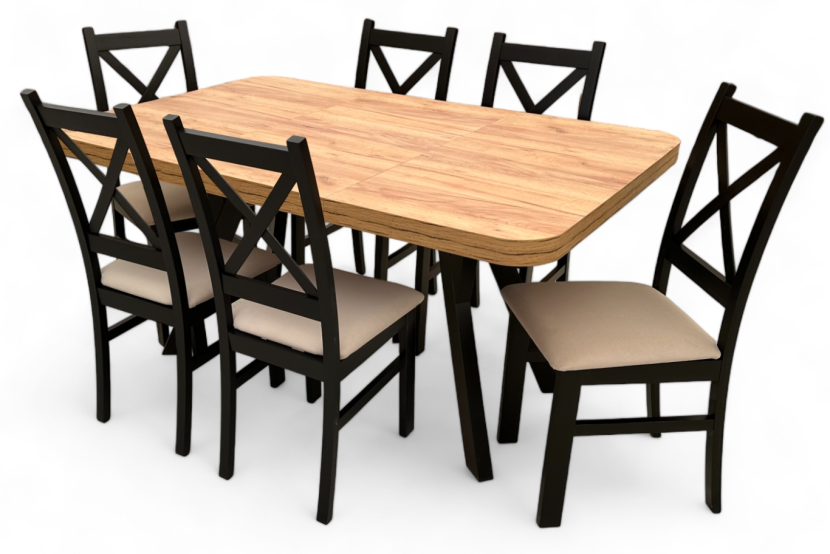 Zestaw 6 Krzeseł   Stół Zaowalony 90x90 rozsuwany 190 cm Dąb Craft   Beż