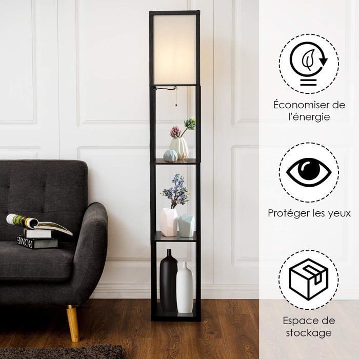 Lámpara de pie COSTWAY para salón con 3 estantes de madera, 26 x 26 x 160 cm, lámpara de pie de diseño escandinavo para dormitorio, 60 W